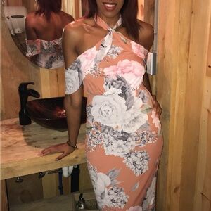 Floral Halter Neck Dress in Peach and Gray